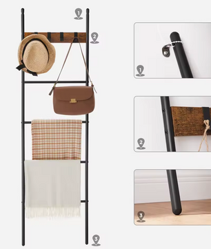 Industriële Handdoekladder met 5 Niveaus en 4 Haken - Vintage Hout