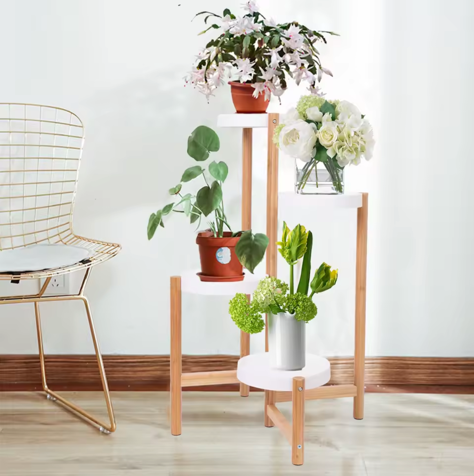 4-Lagen Bamboe Plantenstandaard – Hoekmodel voor Binnengebruik in Nordic Stijl