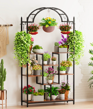 5-Laags Hoge Plantenstandaard met Ophanghaken – Metaal en Hout (190 cm)