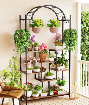 5-Laags Hoge Plantenstandaard met Ophanghaken – Metaal en Hout (190 cm)