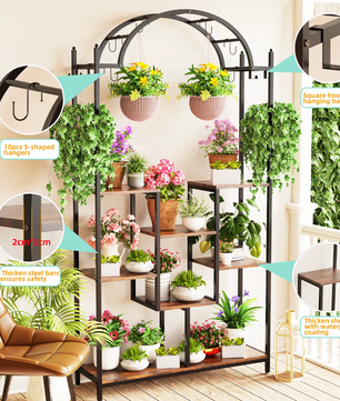 5-Laags Hoge Plantenstandaard met Ophanghaken – Metaal en Hout (190 cm)