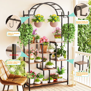 5-Laags Hoge Plantenstandaard met Ophanghaken – Metaal en Hout (190 cm)