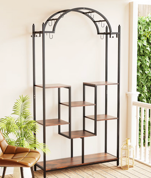 5-Laags Hoge Plantenstandaard met Ophanghaken – Metaal en Hout (190 cm)