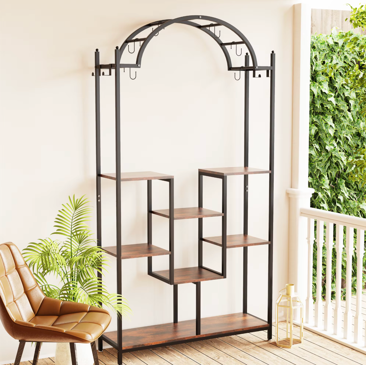5-Laags Hoge Plantenstandaard met Ophanghaken – Metaal en Hout (190 cm)