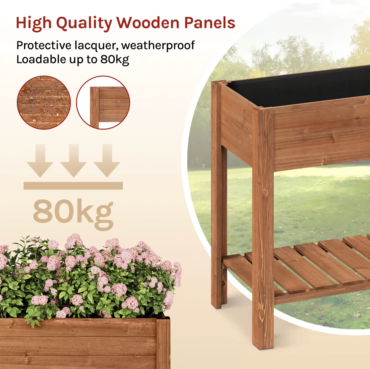 Houten Verhoogde Plantenkast met Bloembakplank – 80x75x40 cm – Massief dennenhout