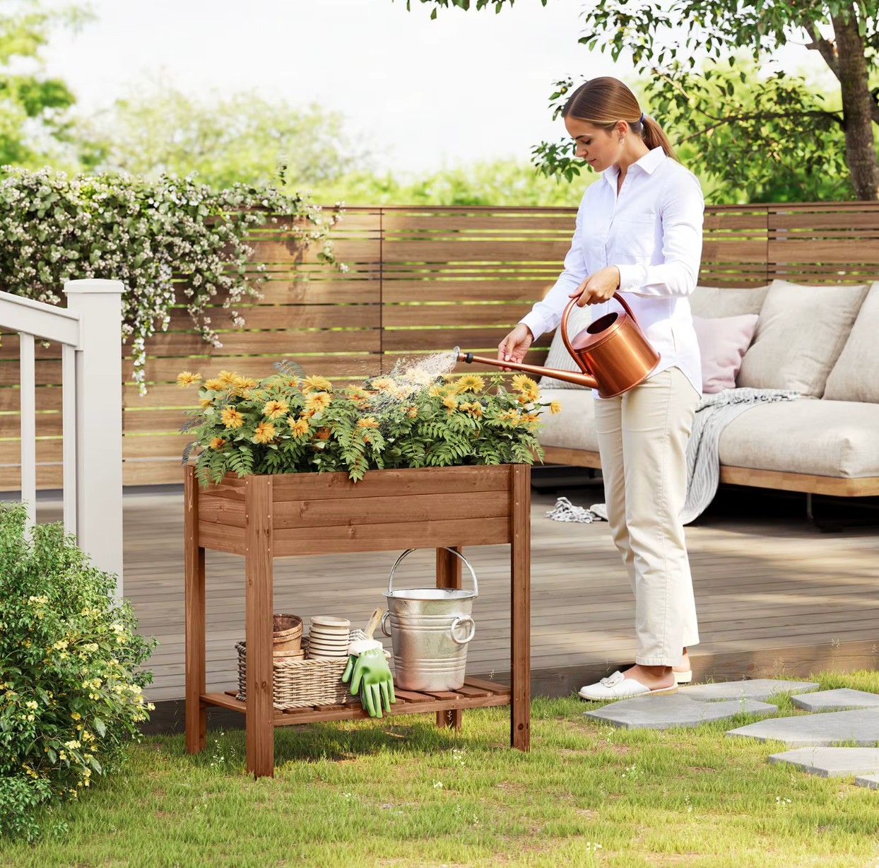 Houten Verhoogde Plantenkast met Bloembakplank – 80x75x40 cm – Massief dennenhout