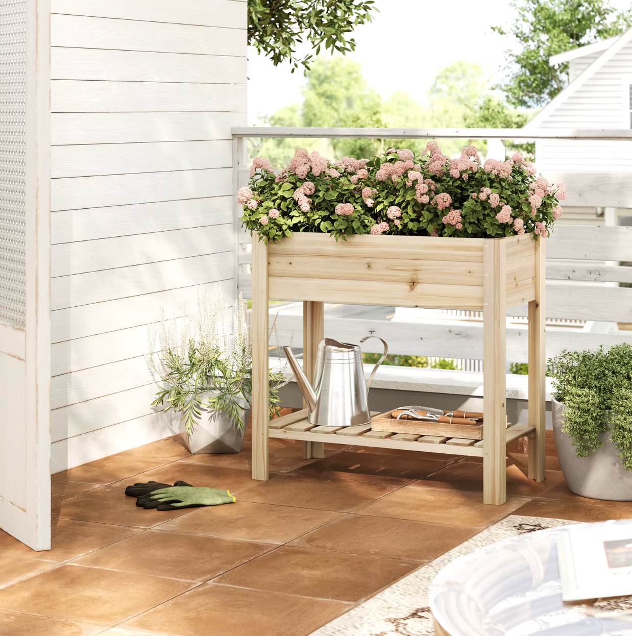 Houten Verhoogde Plantenkast met Bloembakplank – 80x75x40 cm – Massief dennenhout