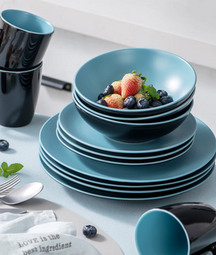 Serviesset 16-delig of 32-delig – Mat Zwart & Blauw Steengoed met Dinerborden, Dessertborden, Kommen en Mokken