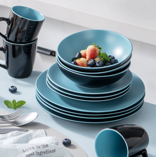 Serviesset 16-delig of 32-delig – Mat Zwart & Blauw Steengoed met Dinerborden, Dessertborden, Kommen en Mokken