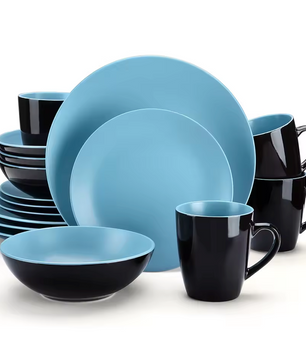 Serviesset 16-delig of 32-delig – Mat Zwart & Blauw Steengoed met Dinerborden, Dessertborden, Kommen en Mokken