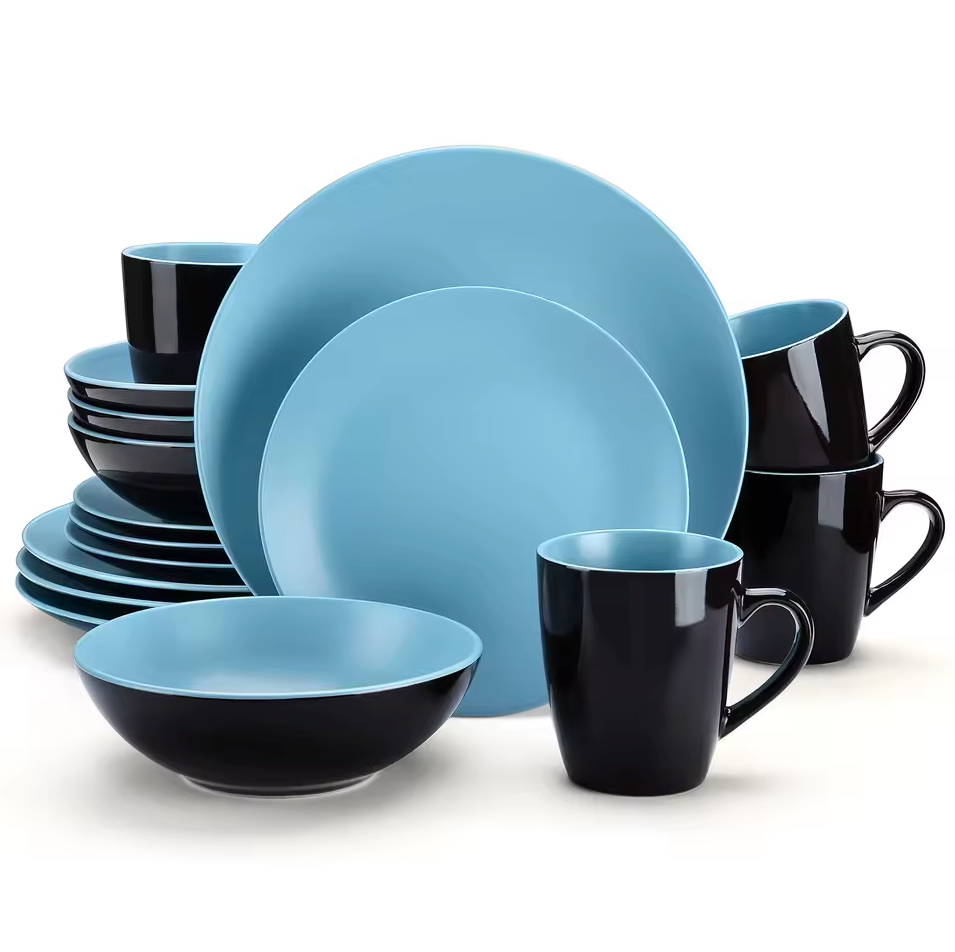 Serviesset 16-delig of 32-delig – Mat Zwart & Blauw Steengoed met Dinerborden, Dessertborden, Kommen en Mokken