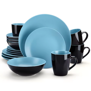Serviesset 16-delig of 32-delig – Mat Zwart & Blauw Steengoed met Dinerborden, Dessertborden, Kommen en Mokken