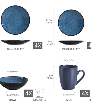 Nordic Stijl Serviesset 16-Delig / 32-Delig / 48-Delig – Keramisch Set Vintage Blauw