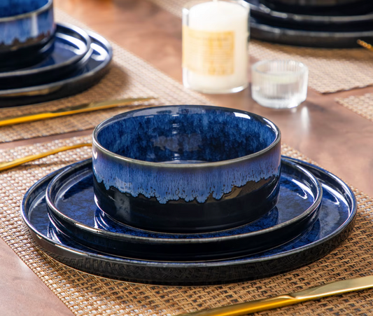 Fjord Scandinavisch Serviesset – 12- of 24-delig – Keramisch Servies met Reactief Glazuur in Zwart en Blauw