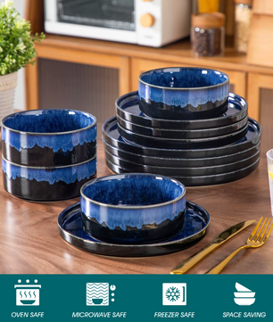 Fjord Scandinavisch Serviesset – 12- of 24-delig – Keramisch Servies met Reactief Glazuur in Zwart en Blauw
