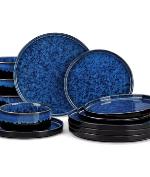 Fjord Scandinavisch Serviesset – 12- of 24-delig – Keramisch Servies met Reactief Glazuur in Zwart en Blauw
