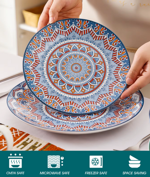 Boheemse Mandala 16-delige Keramische Serviesset – Borden, Kommen & Mokken
