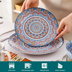 Boheemse Mandala 16-delige Keramische Serviesset – Borden, Kommen & Mokken