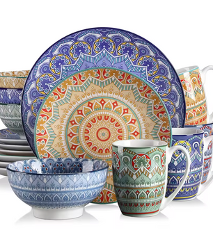 Boheemse Mandala 16-delige Keramische Serviesset – Borden, Kommen & Mokken