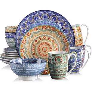 Boheemse Mandala 16-delige Keramische Serviesset – Borden, Kommen & Mokken