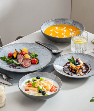 Grijs Reliëf Aardewerk Serviesset 16-delige – Keramisch Servies