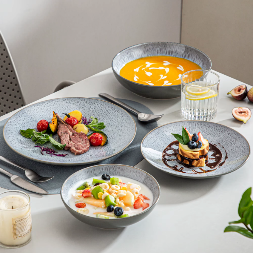 Grijs Reliëf Aardewerk Serviesset 16-delige – Keramisch Servies