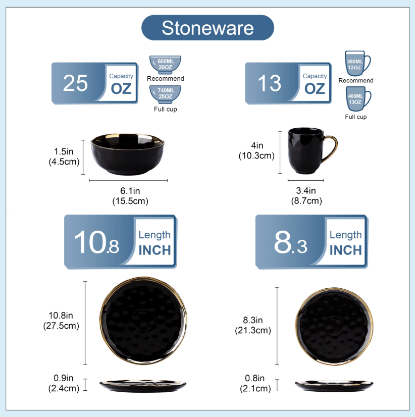 Zwart Serviesset met Gouden Rand – 16/32-delig – Luxe Servies