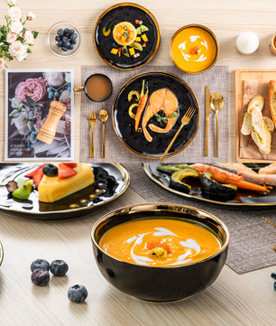 Zwart Serviesset met Gouden Rand – 16/32-delig – Luxe Servies
