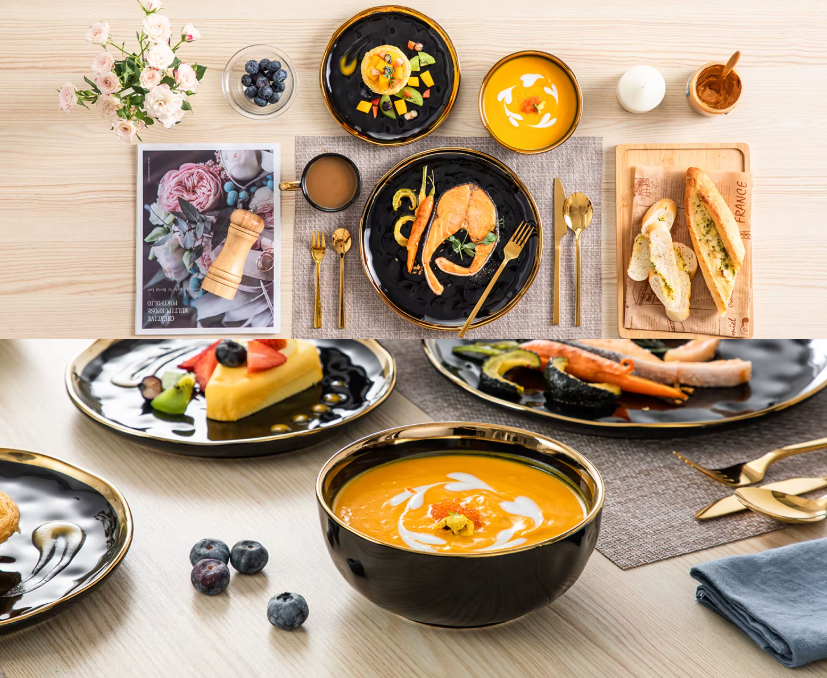 Zwart Serviesset met Gouden Rand – 16/32-delig – Luxe Servies