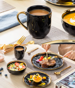 Zwart Serviesset met Gouden Rand – 16/32-delig – Luxe Servies