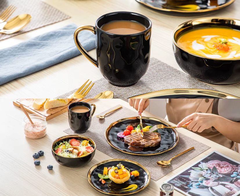 Zwart Serviesset met Gouden Rand – 16/32-delig – Luxe Servies
