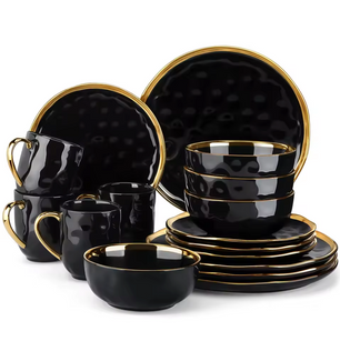 Zwart Serviesset met Gouden Rand – 16/32-delig – Luxe Servies