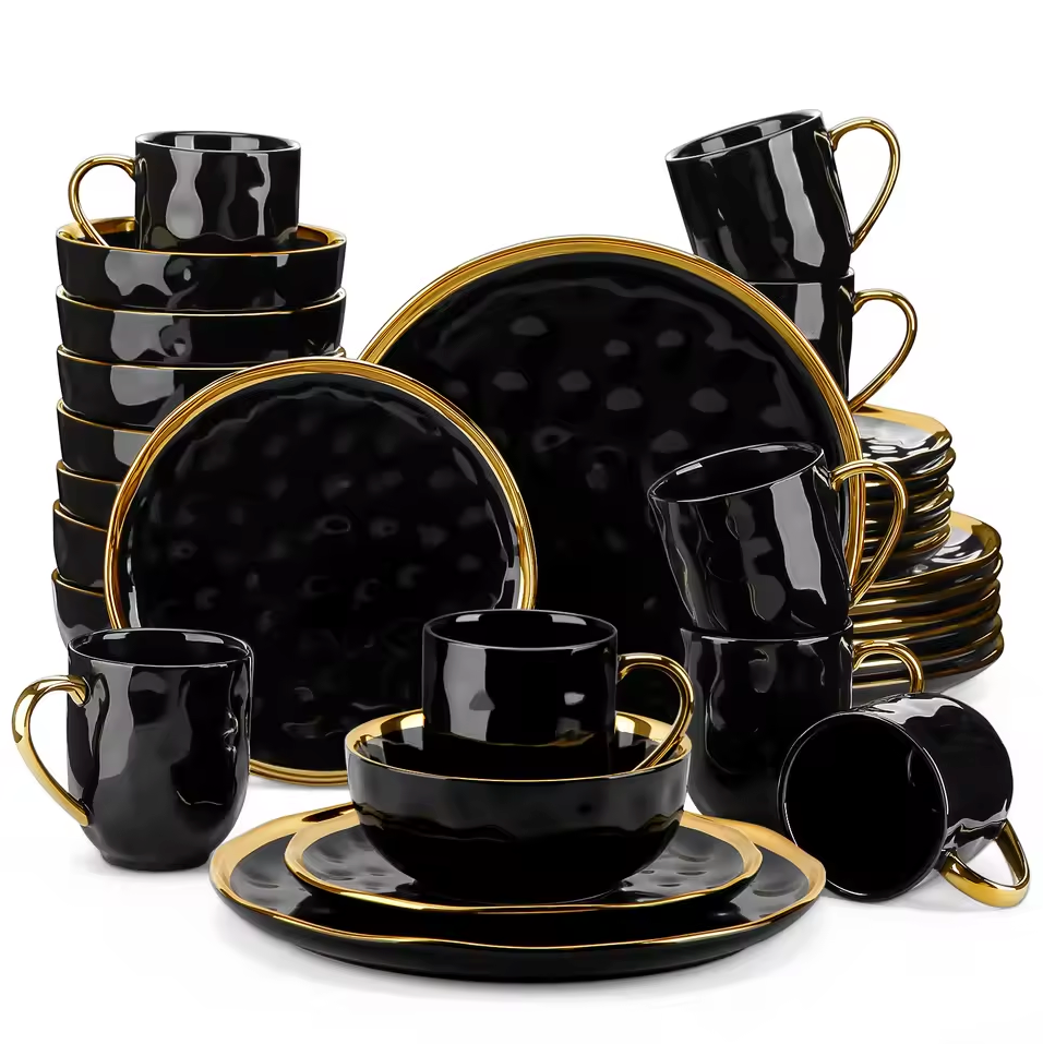 Zwart Serviesset met Gouden Rand – 16/32-delig – Luxe Servies
