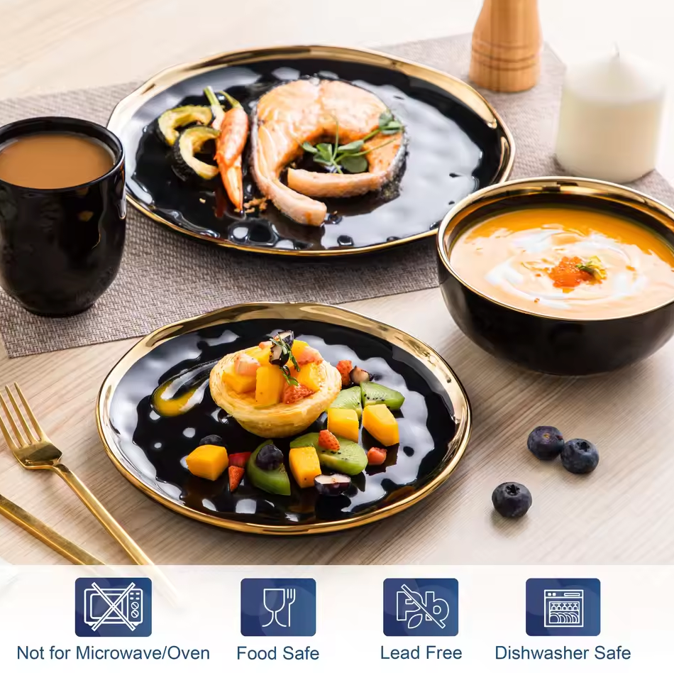 Zwart Serviesset met Gouden Rand – 16/32-delig – Luxe Servies