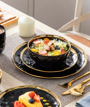 Zwart Serviesset met Gouden Rand – 16/32-delig – Luxe Servies