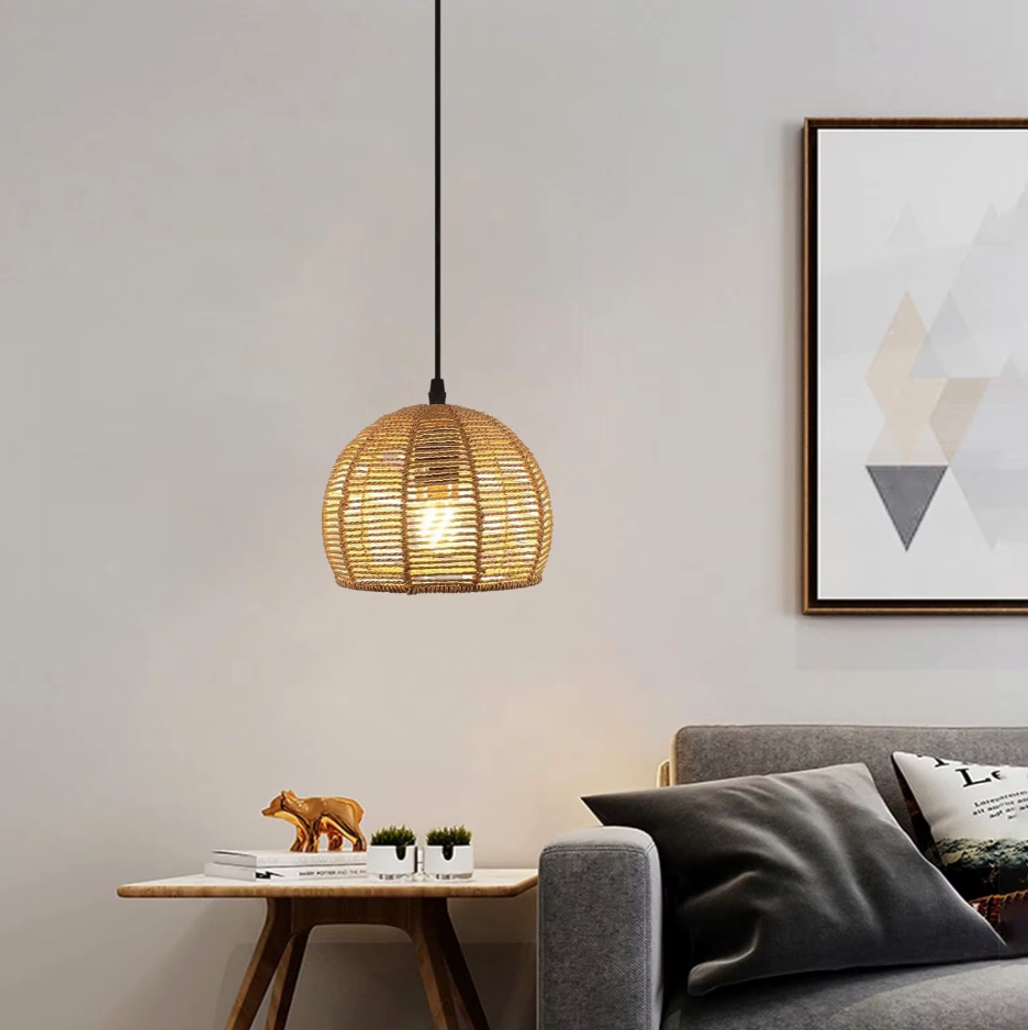 Boho Rotan Plafondlamp – Handgeweven Papieren Touwkap