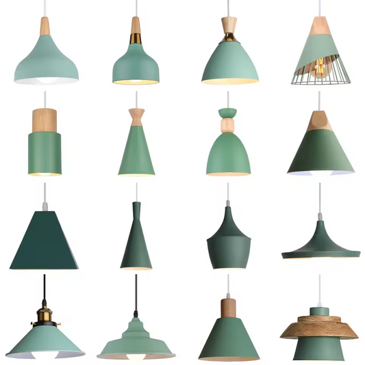 Groene Scandinavische Hanglamp – Aluminium & Hout Design – Verstelbaar E27