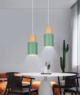 Groene Scandinavische Hanglamp – Aluminium & Hout Design – Verstelbaar E27