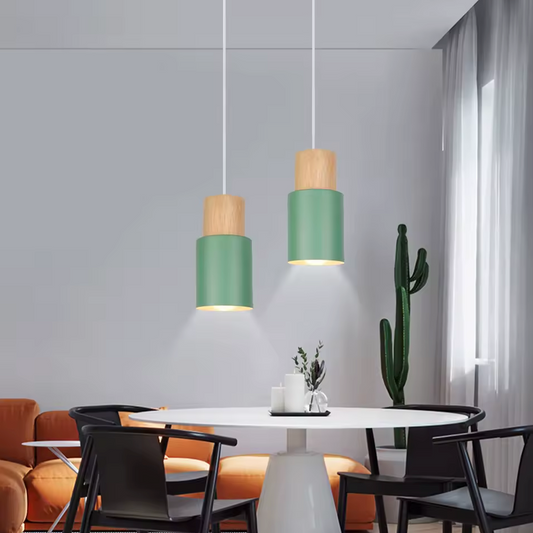 Groene Scandinavische Hanglamp – Aluminium & Hout Design – Verstelbaar E27