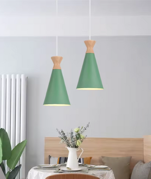 Groene Scandinavische Hanglamp – Aluminium & Hout Design – Verstelbaar E27