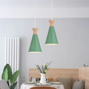 Groene Scandinavische Hanglamp – Aluminium & Hout Design – Verstelbaar E27