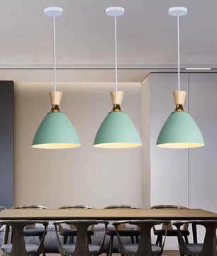 Groene Scandinavische Hanglamp – Aluminium & Hout Design – Verstelbaar E27
