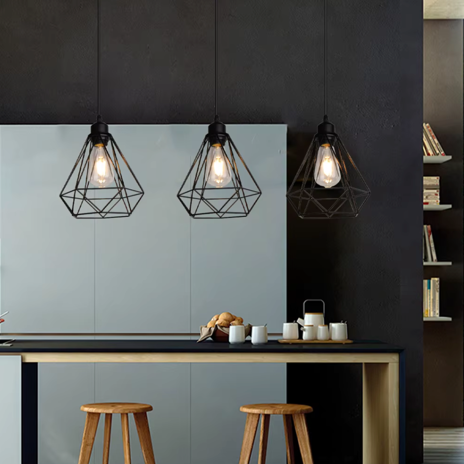 Retro Industriële Hanglamp – Zwart Ijzer E27 Geometrisch Design