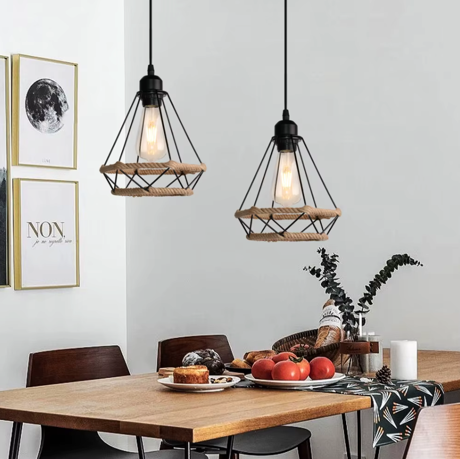 Retro Industriële Hanglamp – Zwart Ijzer E27 Geometrisch Design