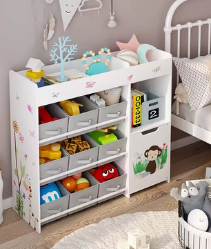 Speelgoedrek met 9 Opbergbakken – Witte Kinderkast van 90x80 cm