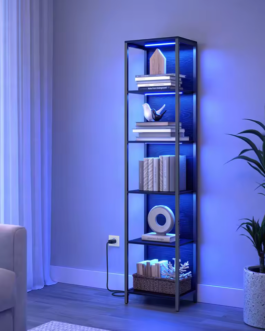 Boekenkast met 6 Verdiepingen en Verstelbare LED-verlichting – Ebony Zwart