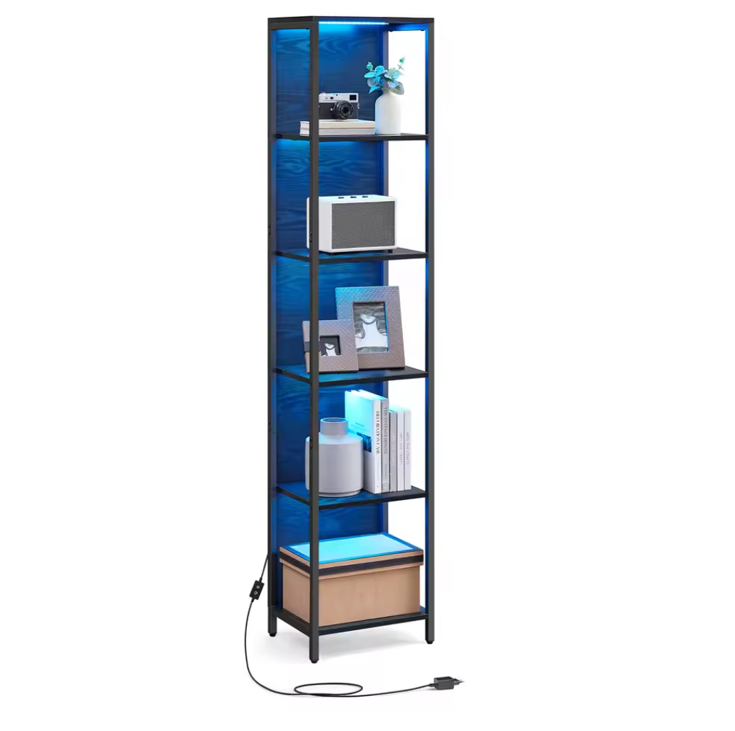 Boekenkast met 6 Verdiepingen en Verstelbare LED-verlichting – Ebony Zwart
