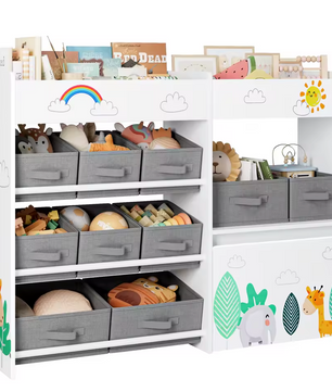 Speelgoedkast met 10 Stoffen Opbergvakken – Wit Design