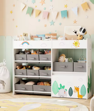 Speelgoedkast met 10 Stoffen Opbergvakken – Wit Design