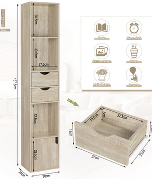 Staande Boekenkast met Laden en Deur – Modern Houten Design 30x24x158cm